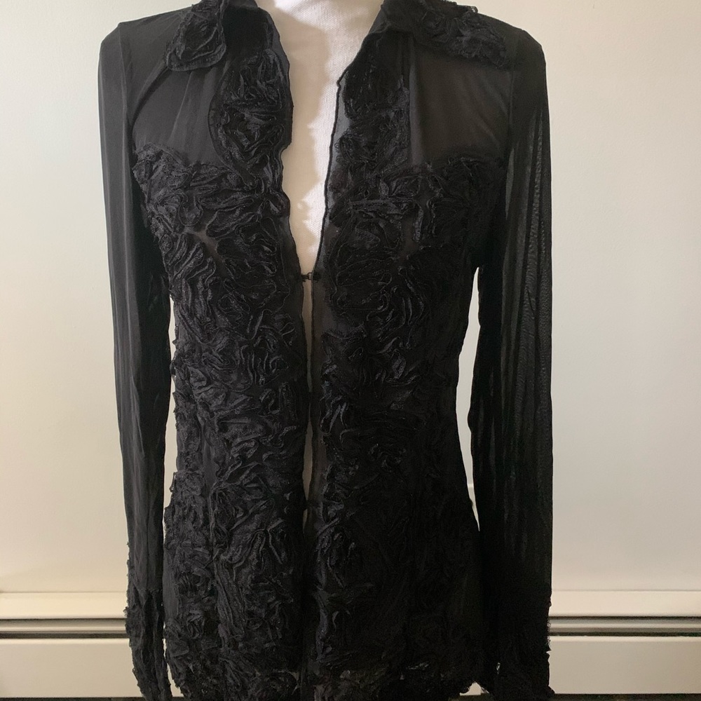 Sheer and lace rufflely slit sleeve top